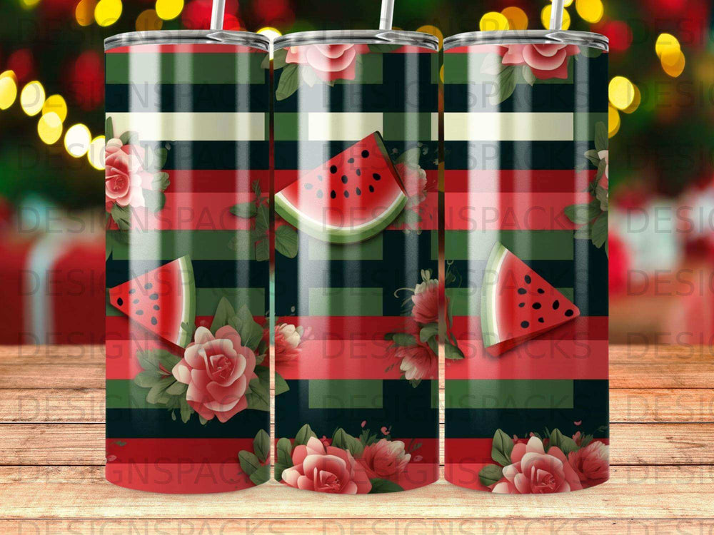 Tumbler with watermelon slices and red roses on a striped background.
