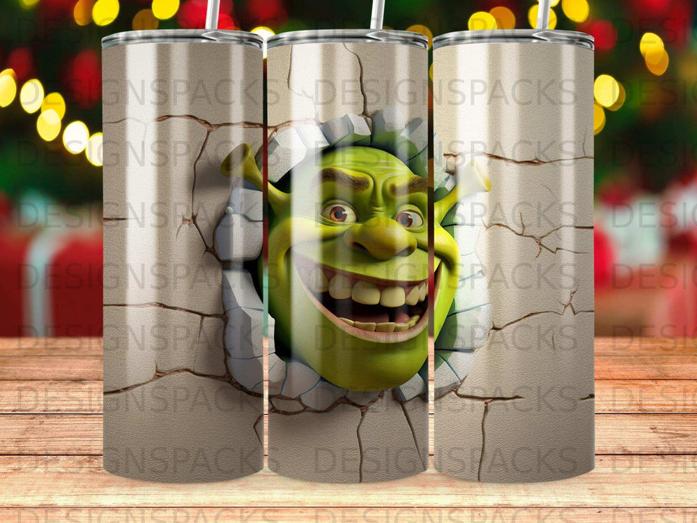 Shrek emerging from a cracked wall, with repeating text overlay.