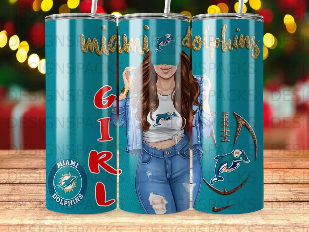 Miami Dolphins graphic on a tumbler with a woman wearing team apparel.