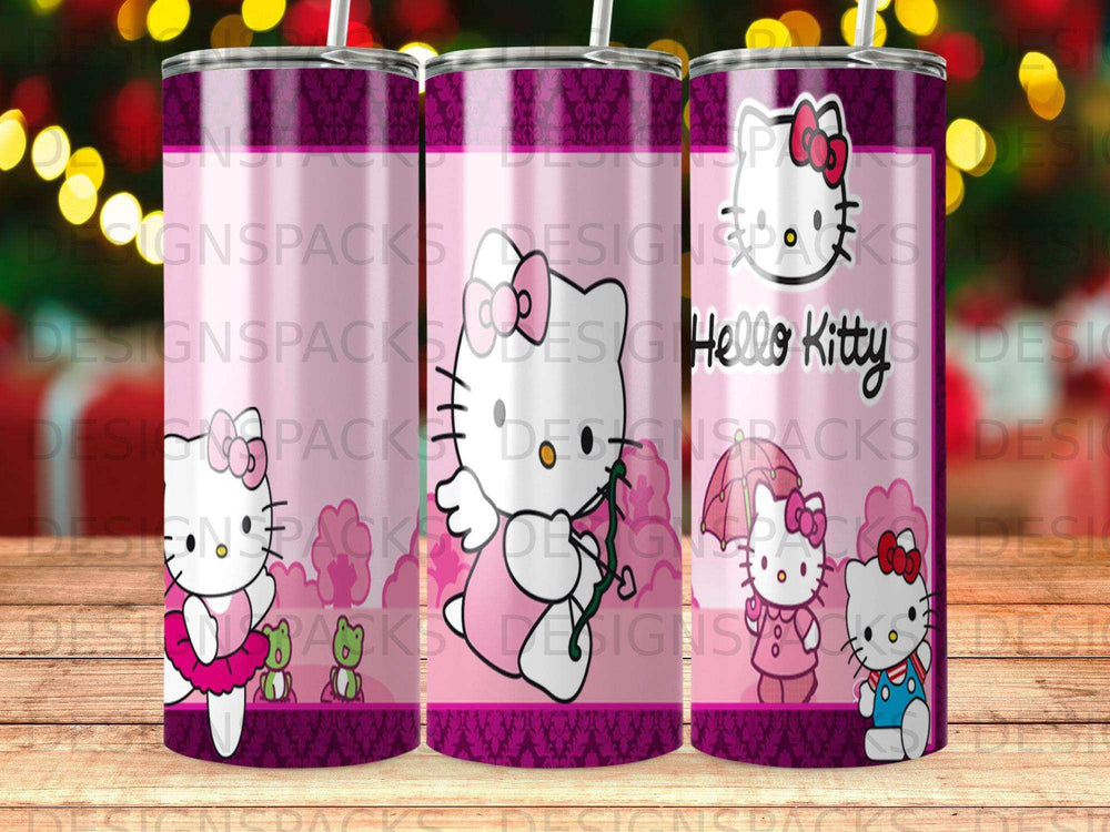 Three Hello Kitty tumblers with pink and purple patterned backgrounds.