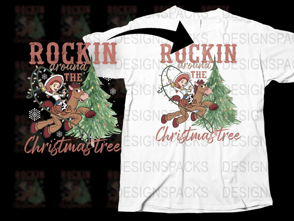 Christmas T-Shirt Rockin' Around The Tree Graphic Tee Festive Holiday Apparel Unisex Long Sleeve White Shirt with Santa and Reindeer Design