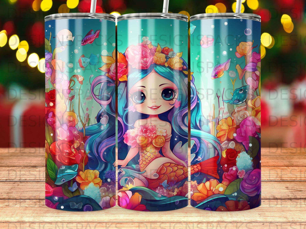 Mermaid with colorful hair and floral crown on coral reef background.