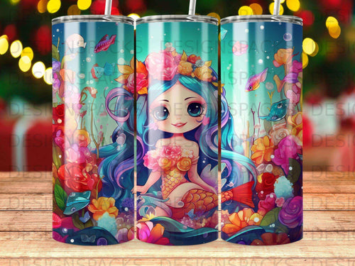 Mermaid with colorful hair and floral crown on coral reef background.