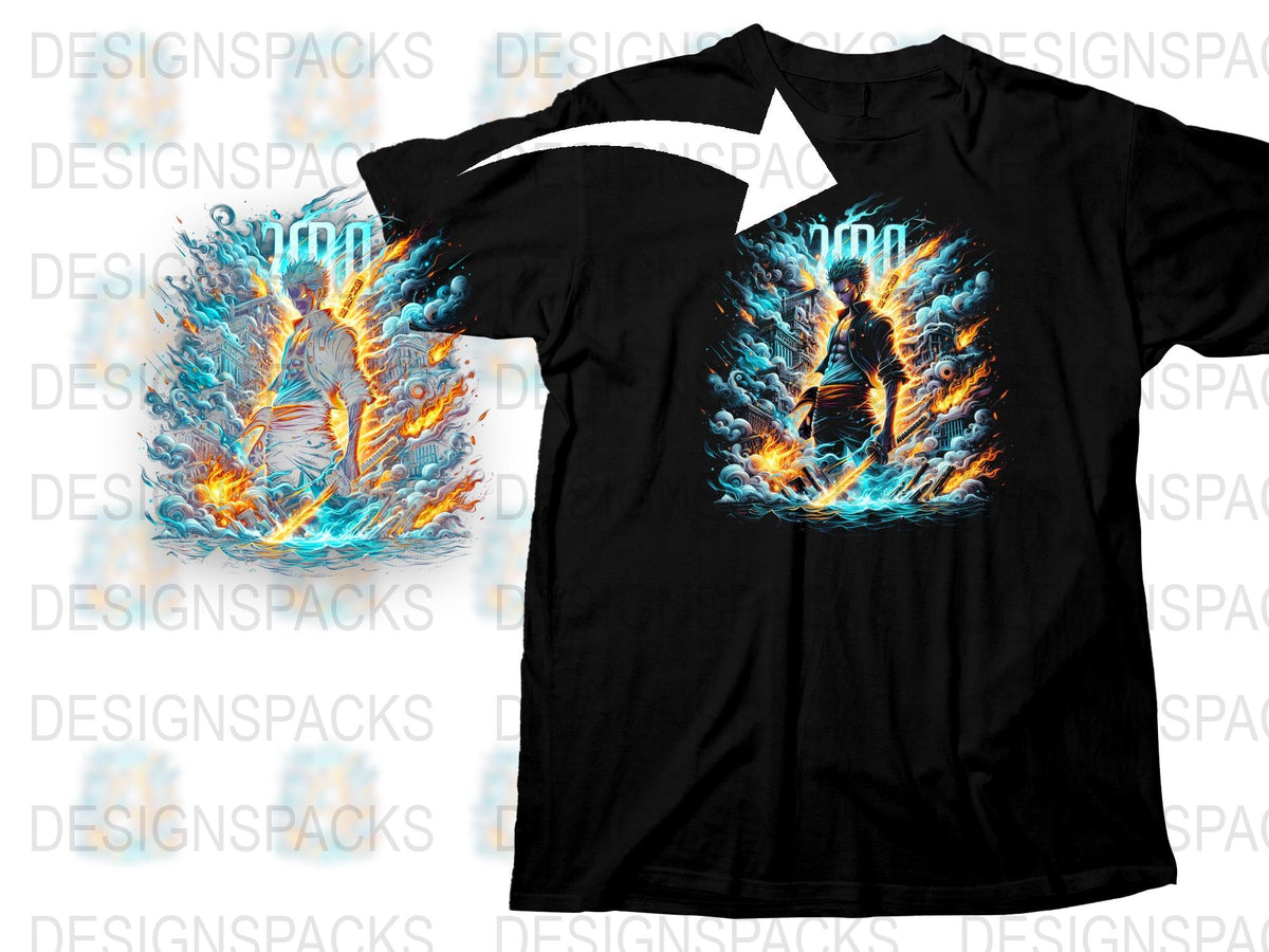 Men's Graphic T-Shirt with Fiery Angel Wings Design, Blue and Orange Flames, Casual Wear