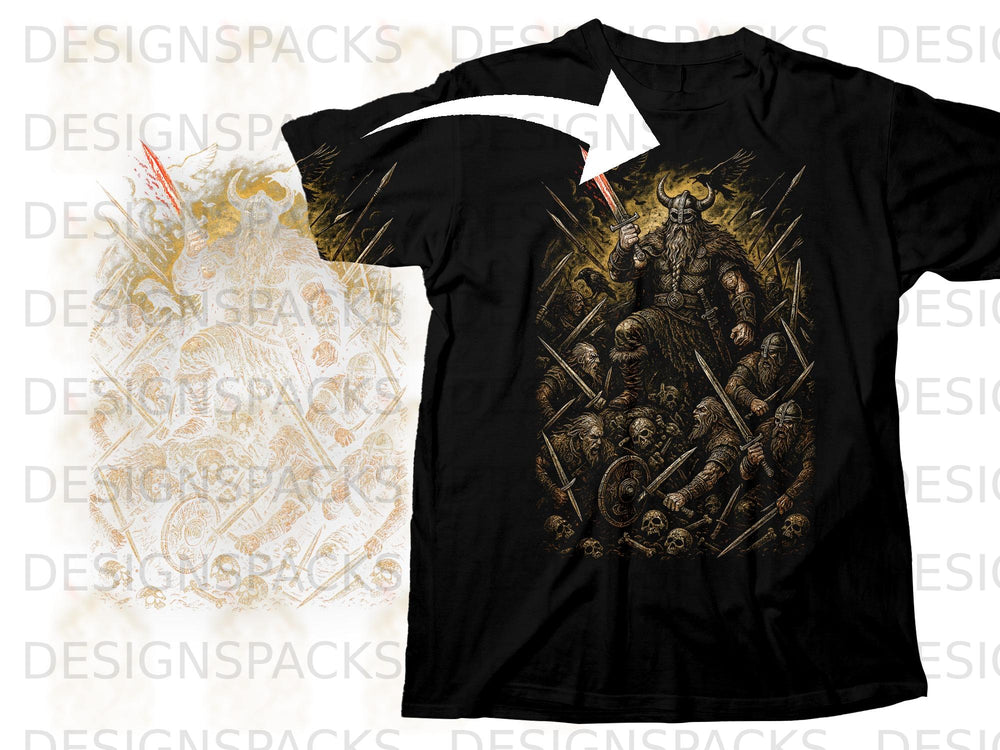 Black t-shirt with a Viking warrior and his army surrounded by swords and skulls.