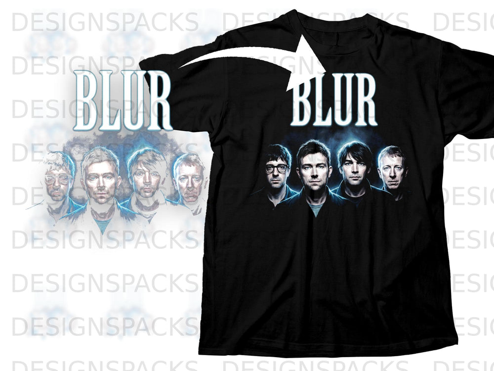 Black t-shirt featuring the band Blur's logo and portraits of the band members.
