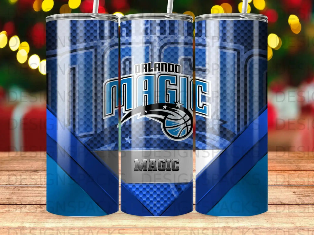 Orlando Magic tumbler with blue and black geometric pattern.