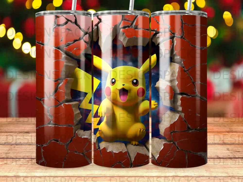 Pikachu breaking through a cracked brick wall with lightning bolts.