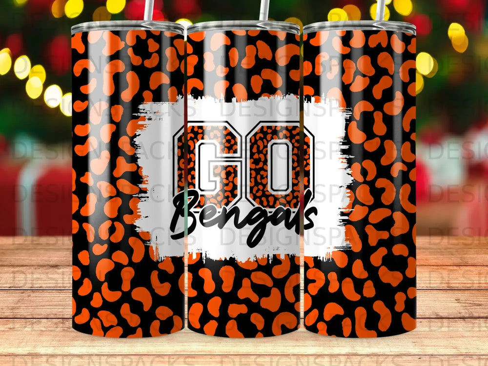 Tumbler with orange and black leopard print and "GO Bengals" text.