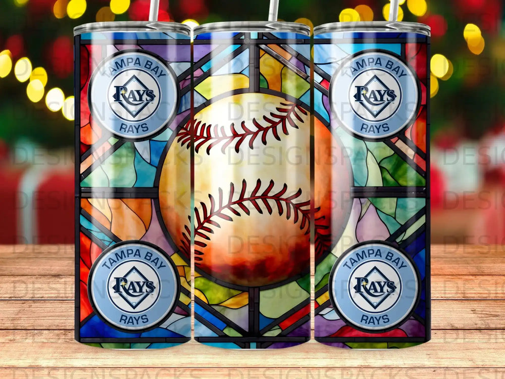Tampa Bay Rays baseball logo on stained glass pattern tumbler.