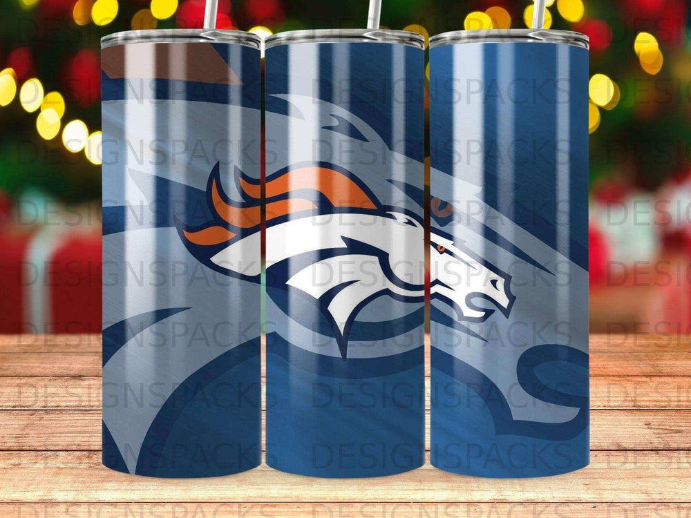 Denver Broncos logo on a navy blue tumbler with subtle watermarks.