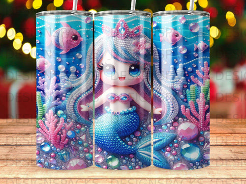 Mermaid with crown and blue tail surrounded by colorful underwater sea life.