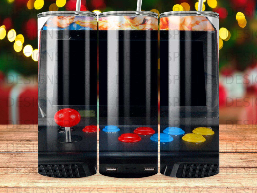 Arcade game control panel with joystick and colorful buttons.