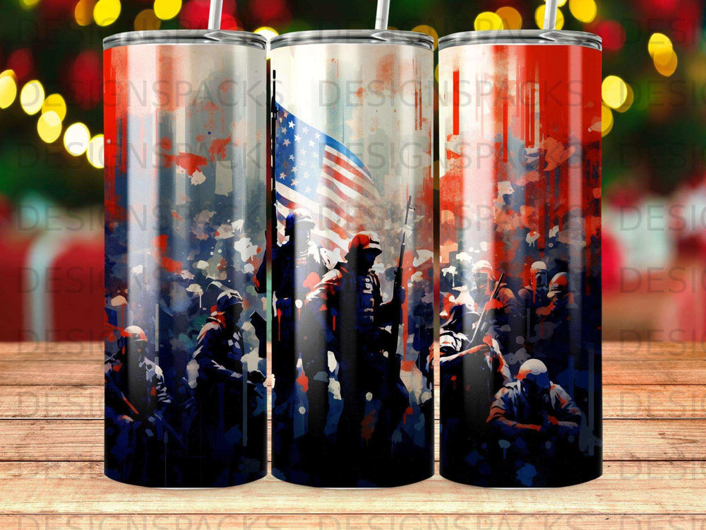 Patriotic scene with American flag and silhouetted figures.
