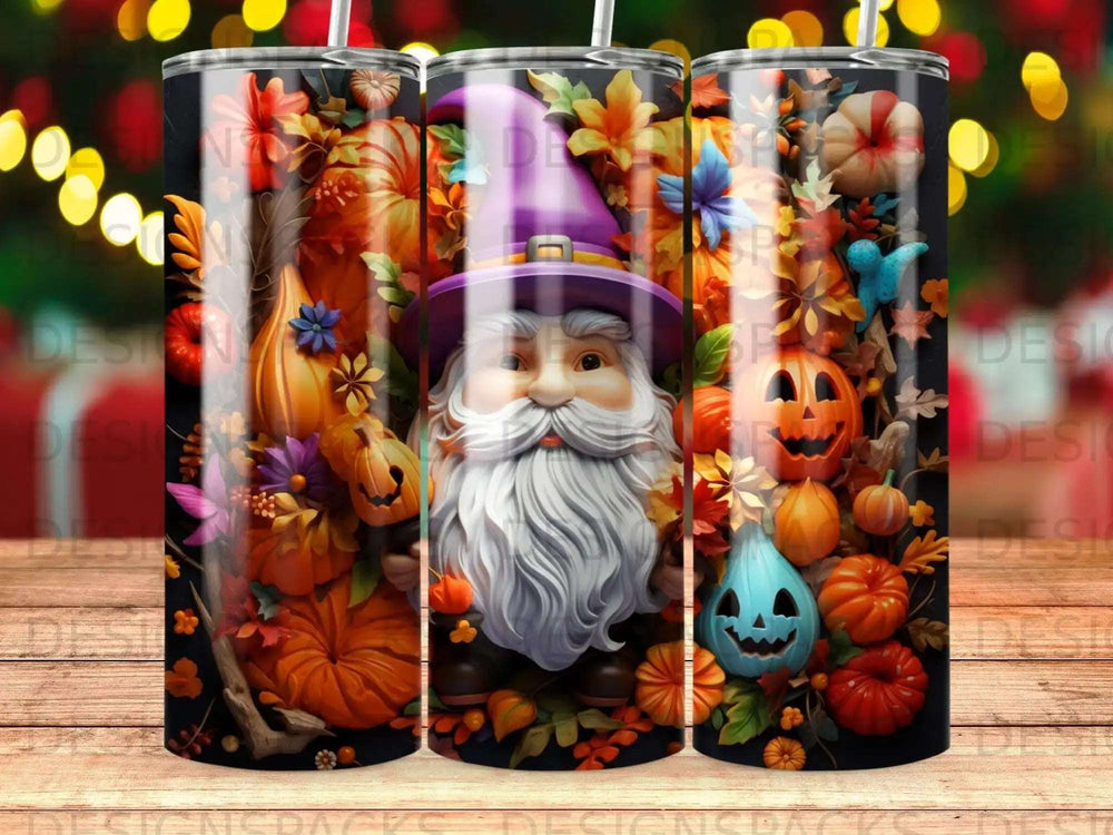 Gnome with pumpkins and autumn leaves, wearing a purple hat.
