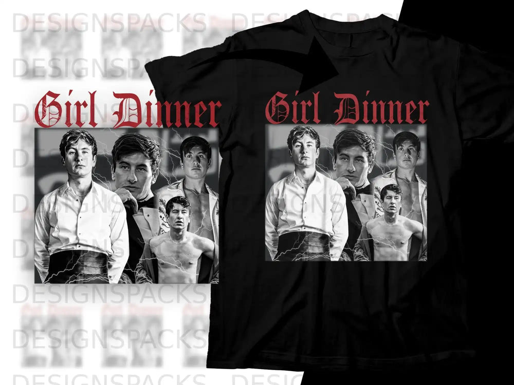 T-shirt mockup featuring a man on a black shirt with "Girl Dinner" text.
