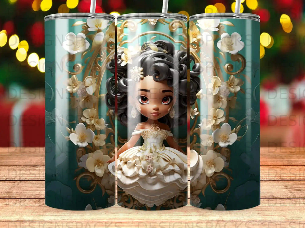 A girl in a white dress adorned with flowers, surrounded by a gold frame.