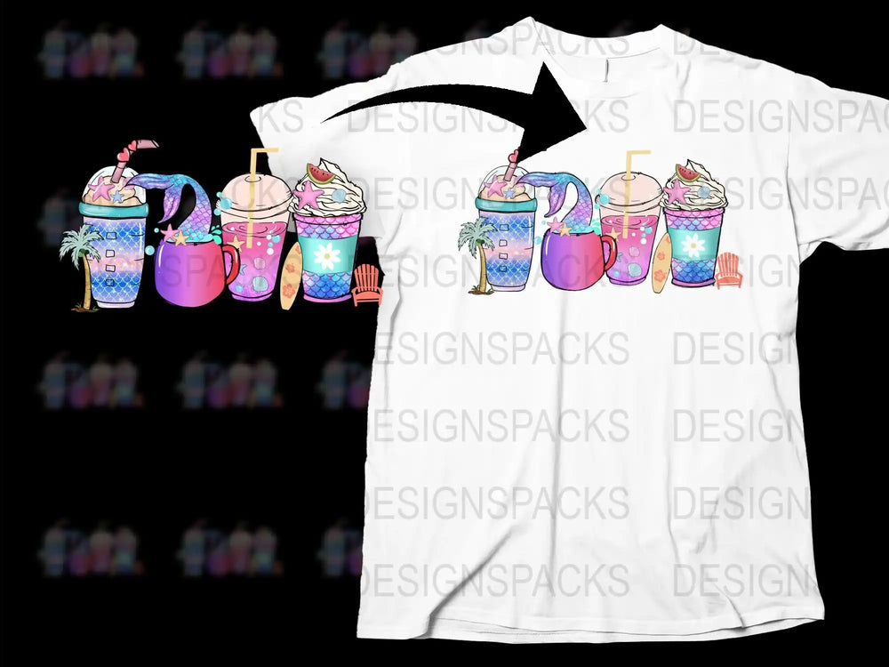 Tropical Christmas T-Shirt, Festive Holiday Drinks Graphic Tee, Colorful Beach Themed Holiday Apparel