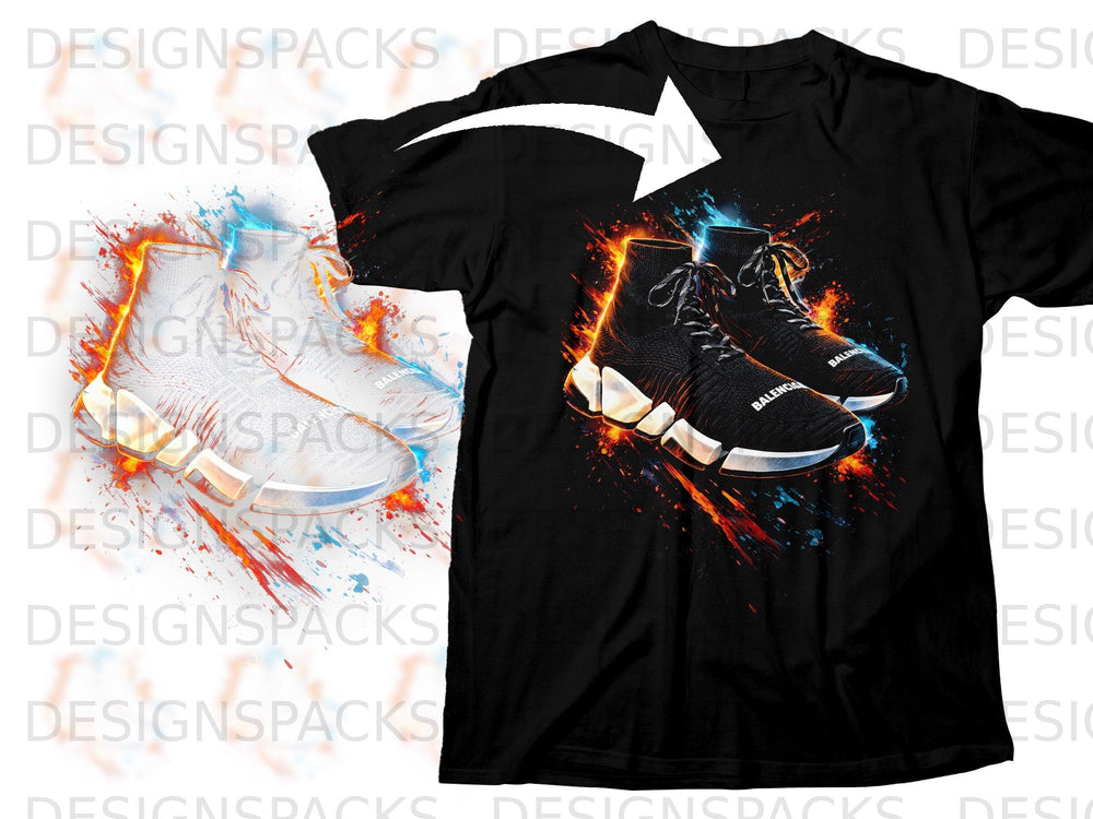 Black t-shirt with a vibrant graphic of two black sneakers with "BALENCIAGA" text.