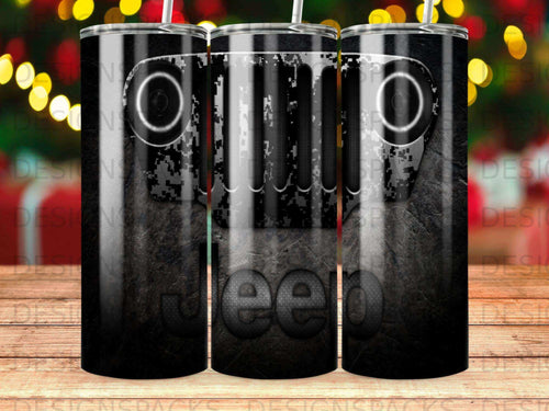 Black tumbler with digital camouflage Jeep logo and the word 