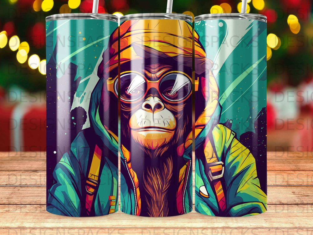 Monkey wearing sunglasses and a hoodie, holding a backpack strap.