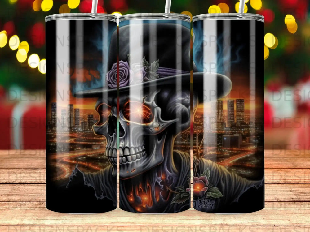 Skull in a top hat with glowing eyes and flames, cityscape background.