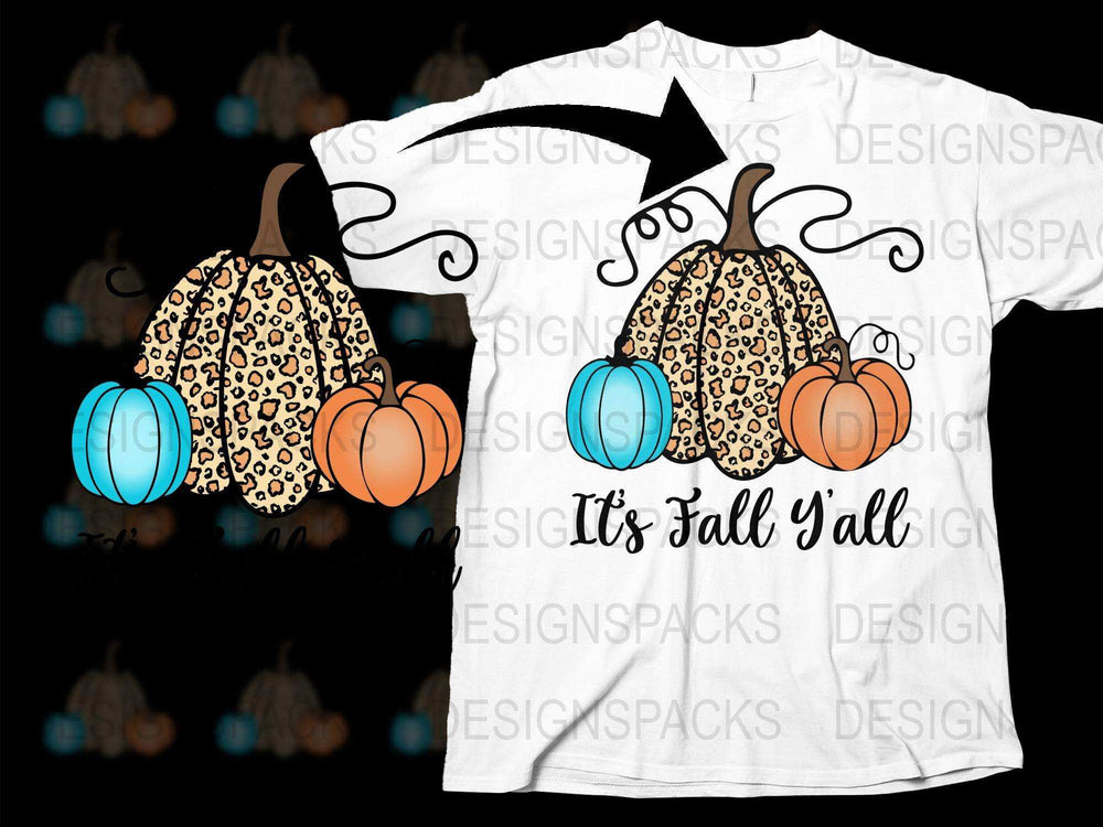 Fall Themed T-Shirt with Leopard Print Pumpkins, 'It's Fall Y'all' Graphic Tee, Autumn Seasonal Fashion