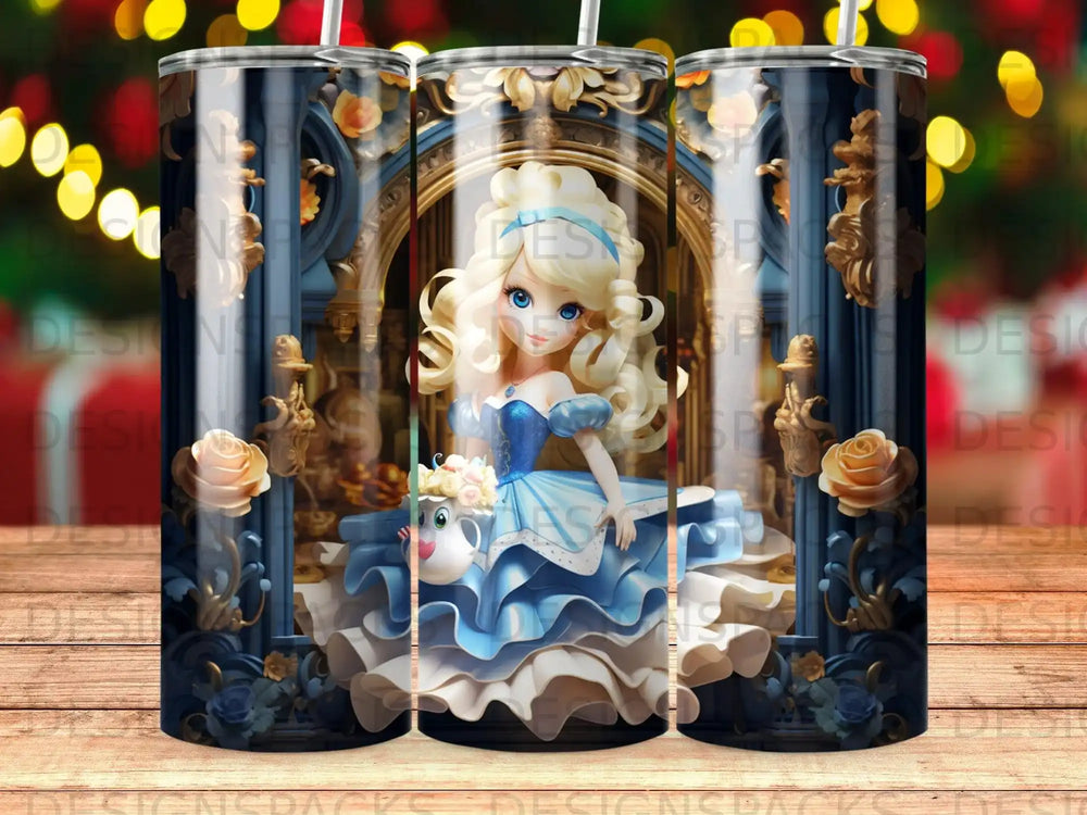 Alice in Wonderland character with blue dress, sitting with a white rabbit.