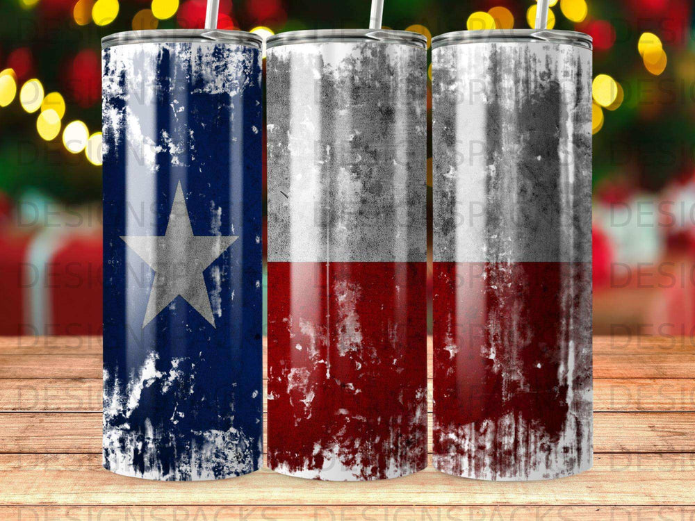 Distressed Texas flag design on three stainless steel tumblers.