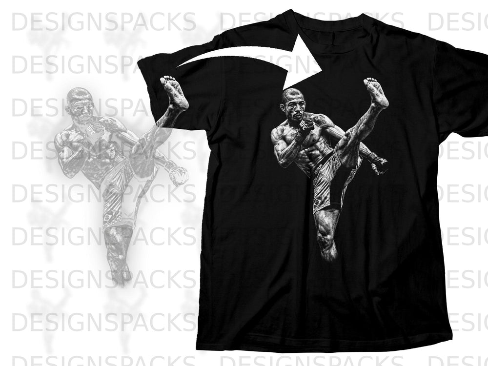 Black t-shirt featuring a martial artist in mid-kick, rendered in a grayscale sketch style.