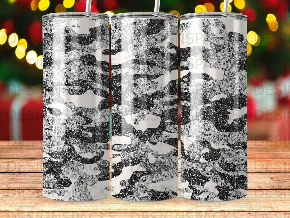Glitter camouflage pattern on a tall tumbler.