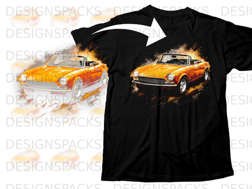 Black t-shirt with graphic of an orange convertible classic car.