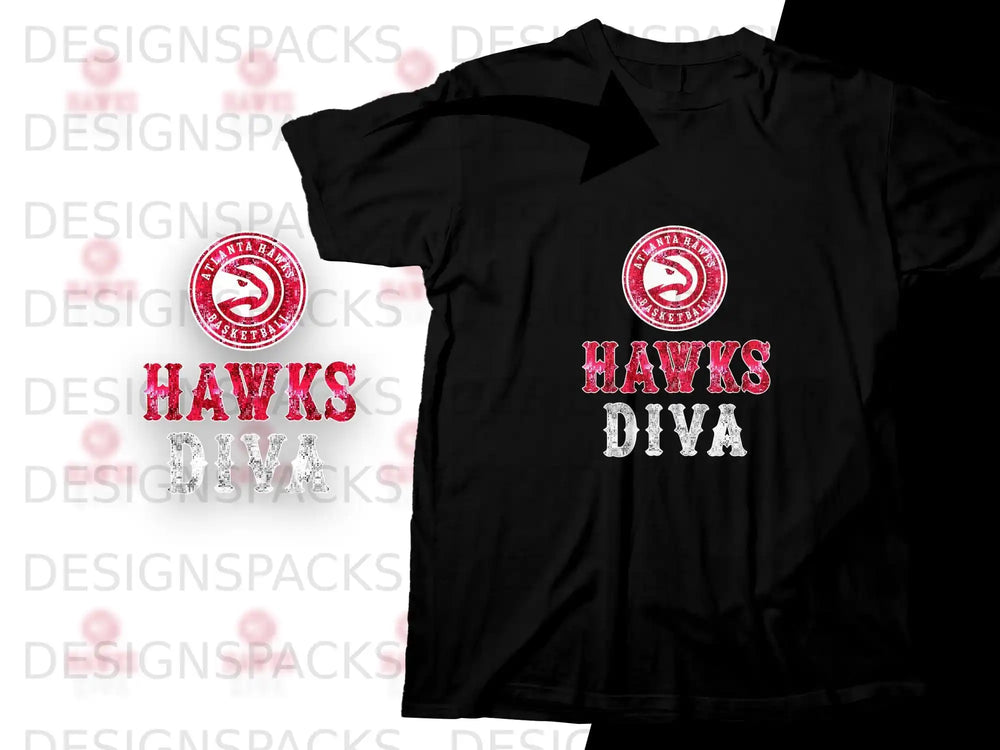 Black t-shirt with "Atlanta Hawks Diva" text and team logo.