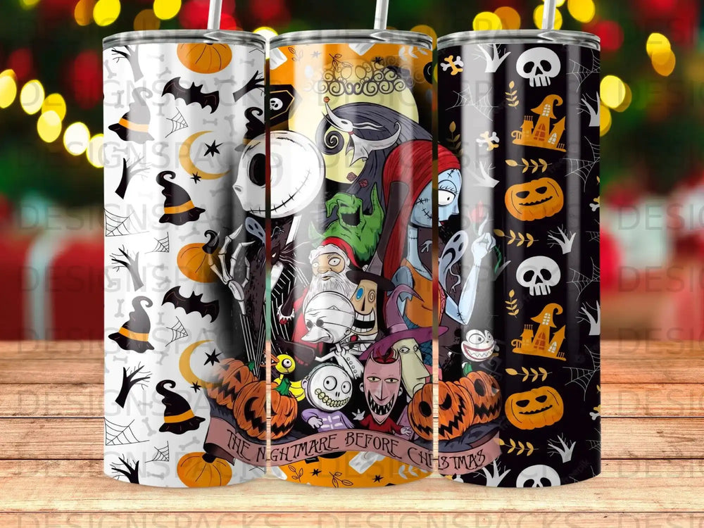 The Nightmare Before Christmas tumblers with Halloween motifs.