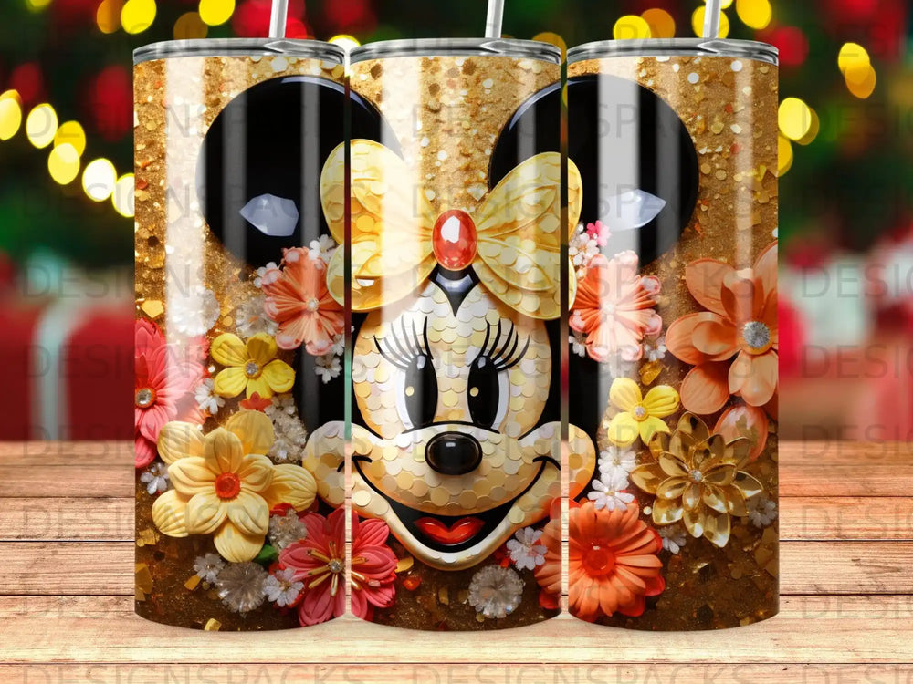 Minnie Mouse tumbler with gold glitter and floral accents.