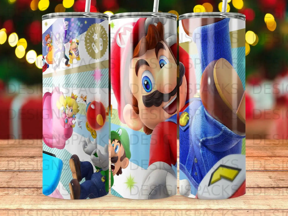 Mario characters on a blue, white, and red striped background.