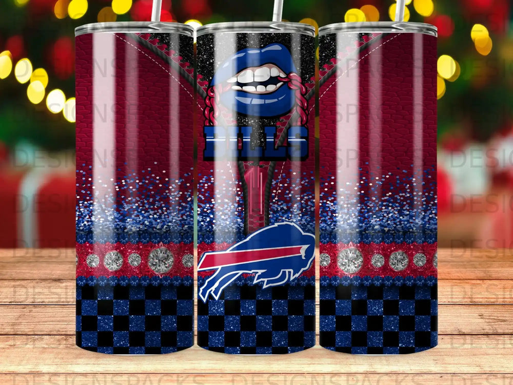 Buffalo Bills logo on a sparkly tumbler with red, blue, and black checkered pattern.