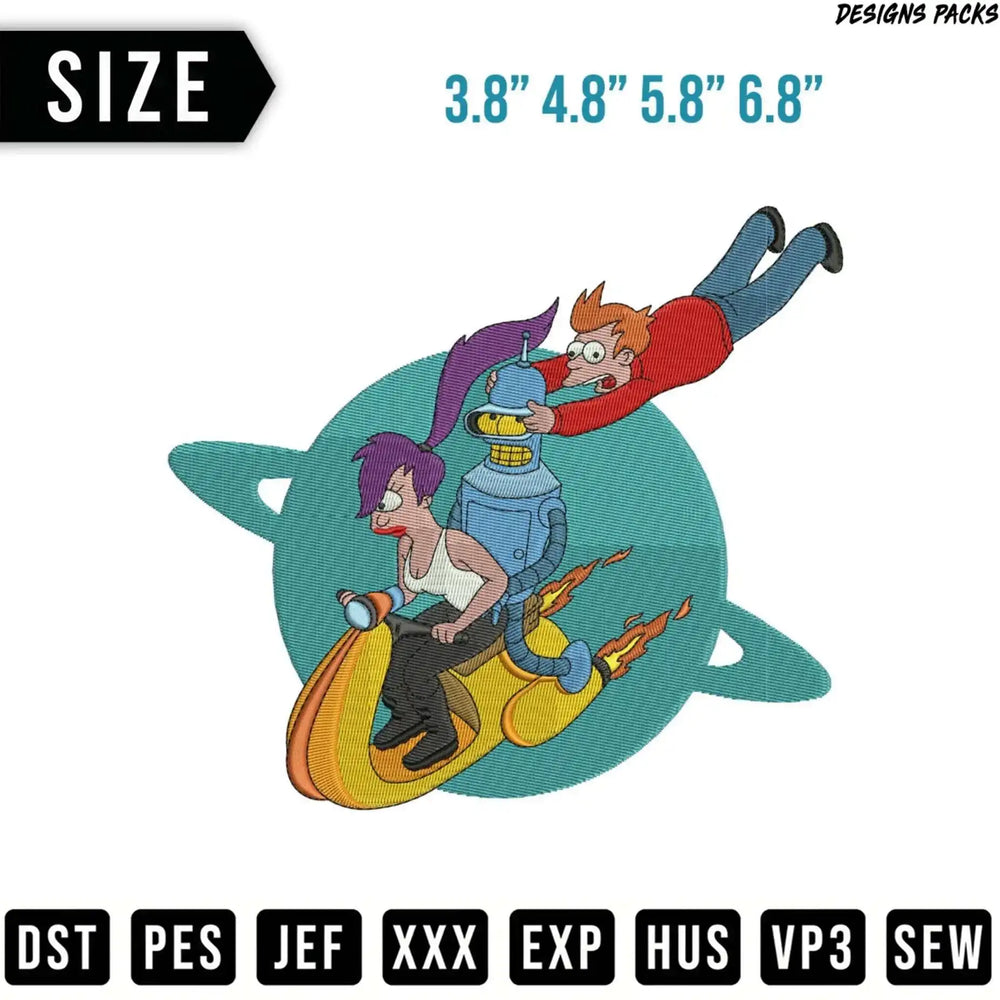 Futurama characters Fry and Leela riding a hover bike, with size options.