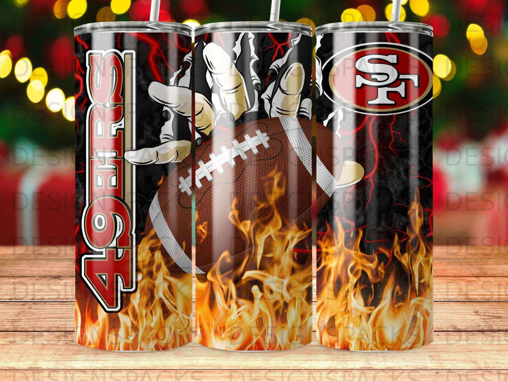 San Francisco 49ers football and flames design on a tumbler.
