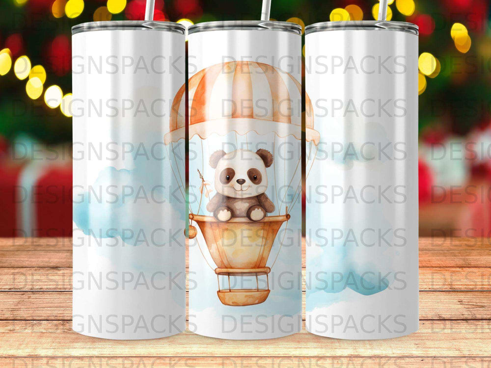 Panda in hot air balloon against a watercolor sky.