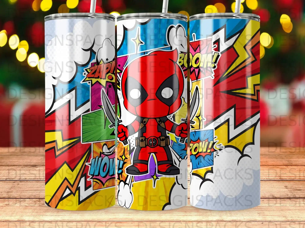 Deadpool character with comic book style action words, on a tumbler.