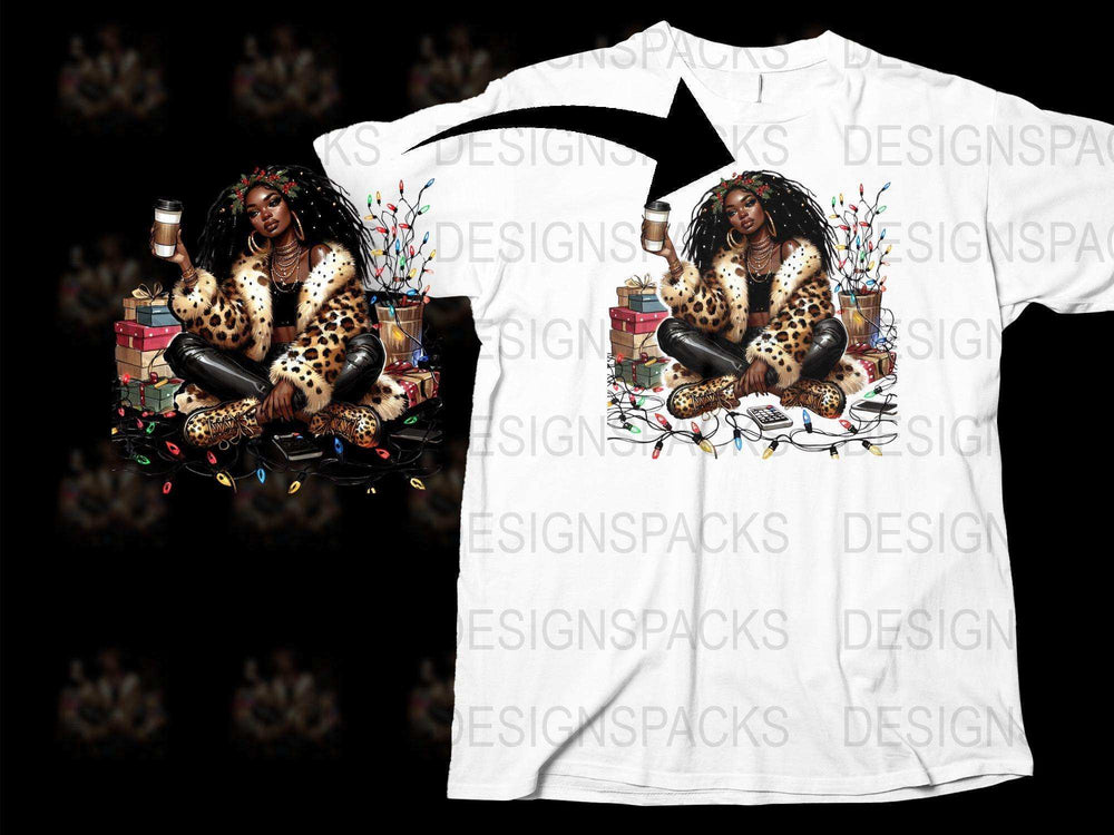 Women's Fashion T-Shirt with Leopard Print and Festive Winter Design, Unique Holiday Apparel Gift