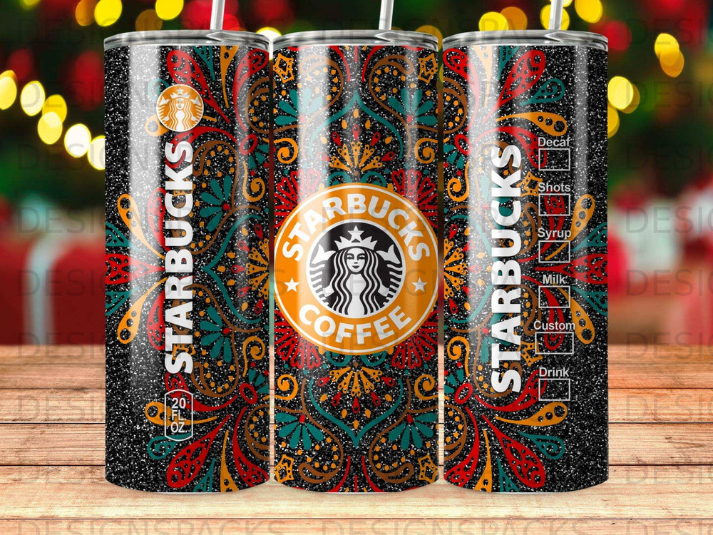 Starbucks tumbler with colorful ornate pattern and drink size markings.