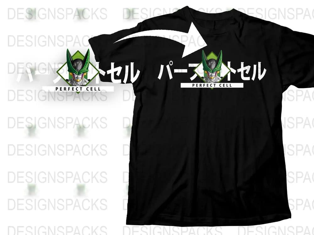 Anime Character Perfect Cell Graphic T-Shirt, Japanese Text, Black Cotton Tee
