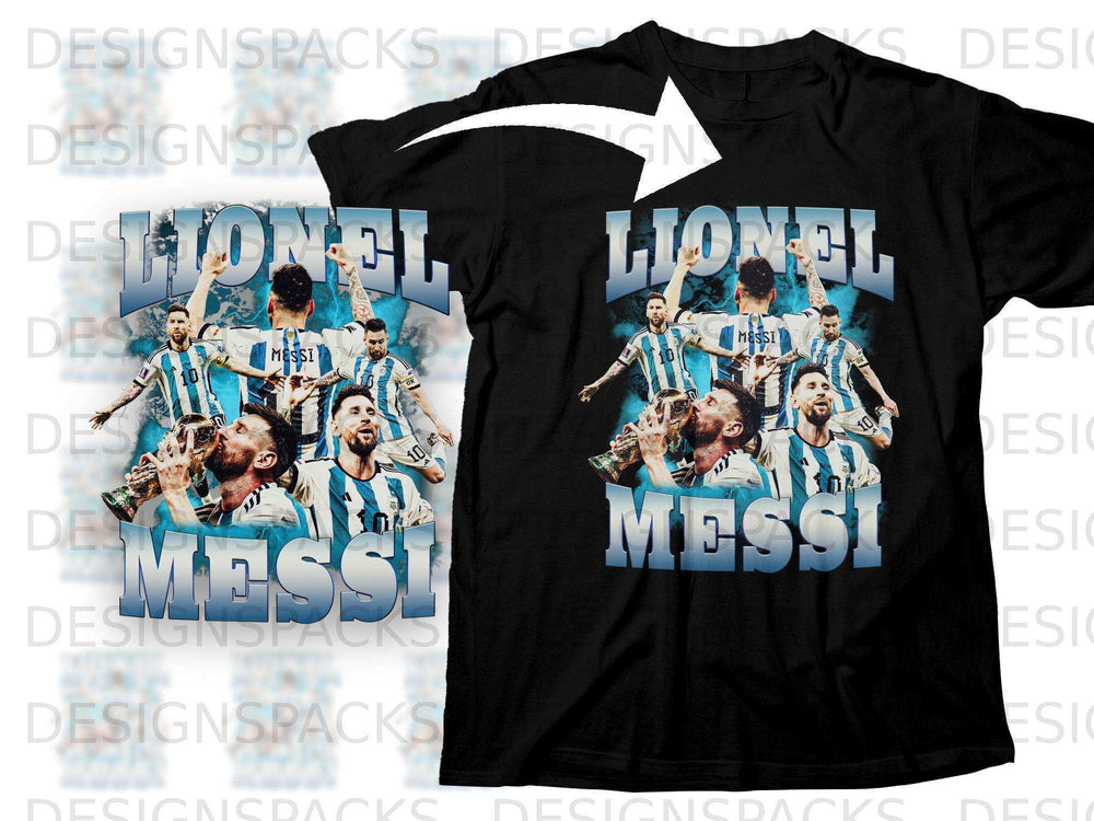Lionel Messi collage on a black t-shirt.