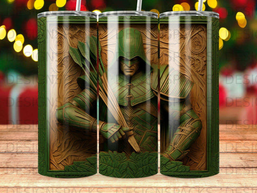Green Arrow character in embossed 3D relief on a tumbler wrap.