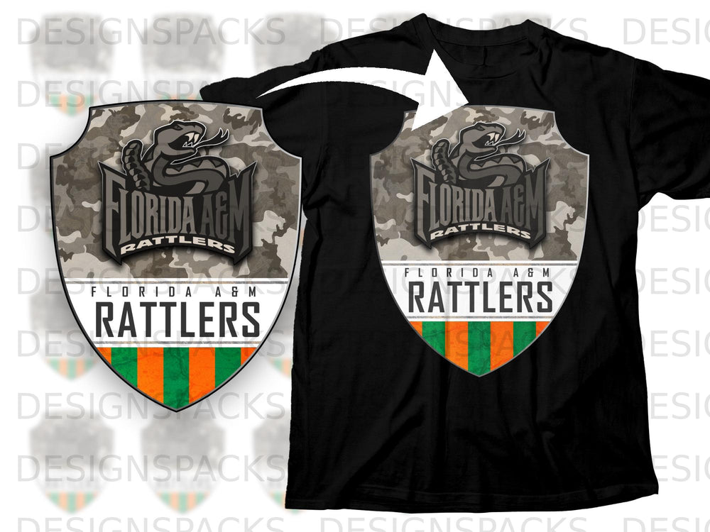 Florida A&M Rattlers shield logo with camouflage and orange and green stripes.