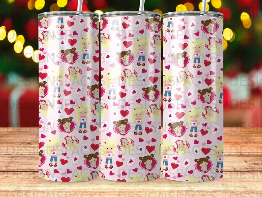 Pink tumbler with cartoon girl, hearts, and envelopes pattern.