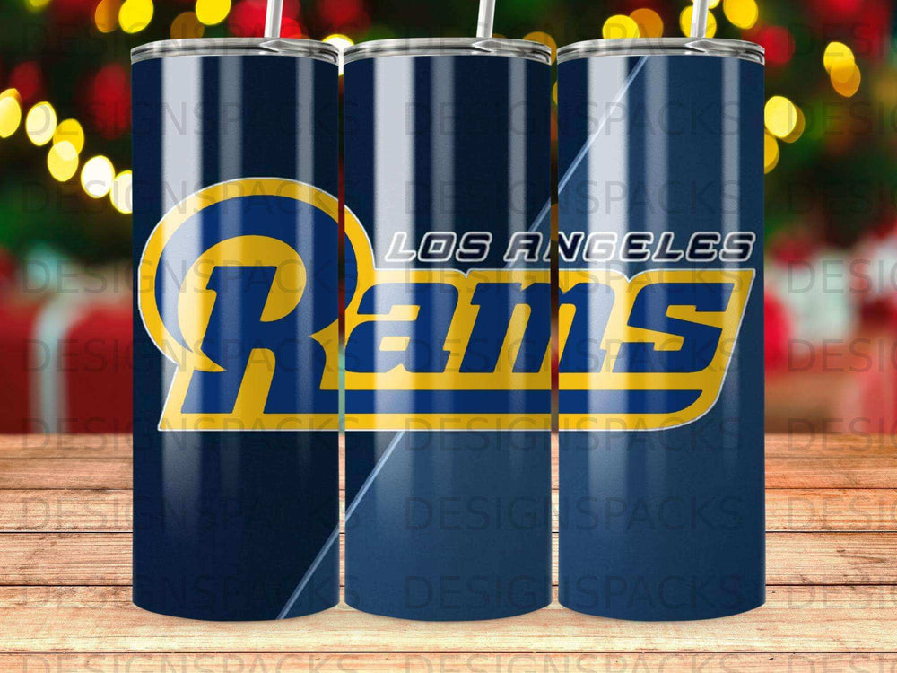 Los Angeles Rams logo on a dark blue tumbler.