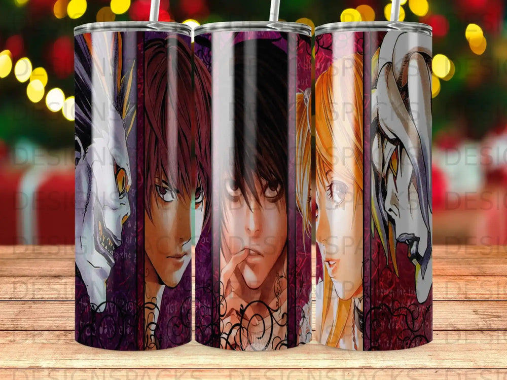 Anime characters with intense expressions on a colorful tumbler with swirling patterns.
